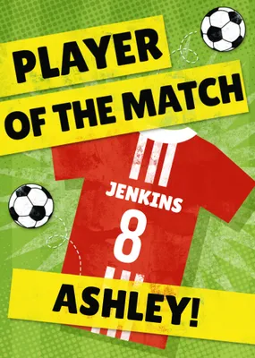 Player Of The Match Red Football Kit Personalised Happy Birthday Card