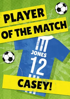 Player Of The Match Personalised Blue Football Kit Birthday Card