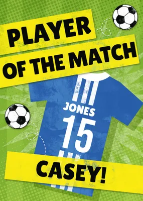 Player Of The Match Personalised Blue Football Kit Birthday Card