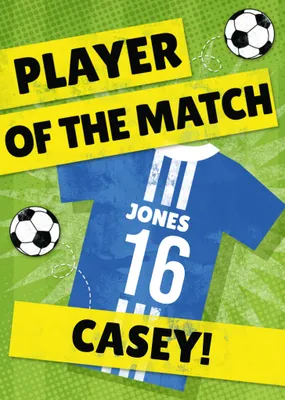 Player Of The Match Personalised Blue Football Kit Birthday Card