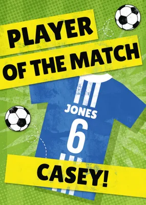 Player Of The Match Personalised Blue Football Kit Birthday Card