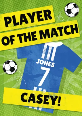 Player Of The Match Personalised Blue Football Kit Birthday Card