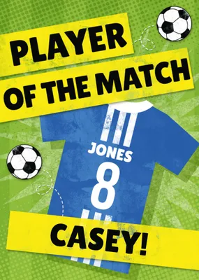 Player Of The Match Personalised Blue Football Kit Birthday Card
