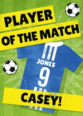 Player Of The Match Personalised Blue Football Kit Birthday Card