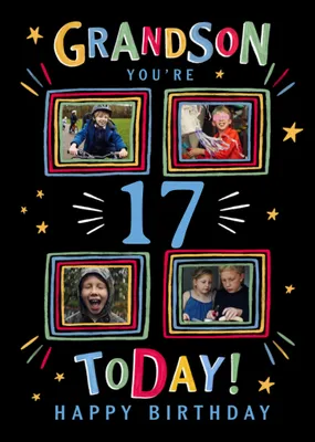 Tutti Frutti Grandson You're 10 Today Hand Drawn Colourful Frames Photo Upload Birthday Card